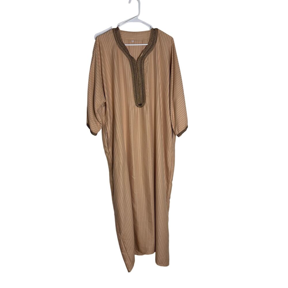 Men Vintage Beige Striped Thobe Jubba Long Kaftan Robe Dress Size L Embroidered